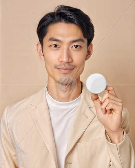 An Asian Man Holding a Button Pin Mockup
