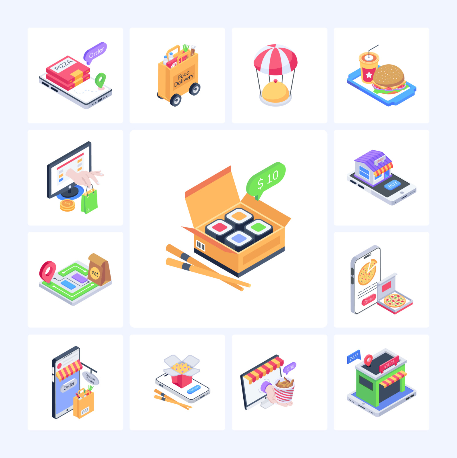 Food Delivery Isometric Icons Food Delivery Isometric Icons