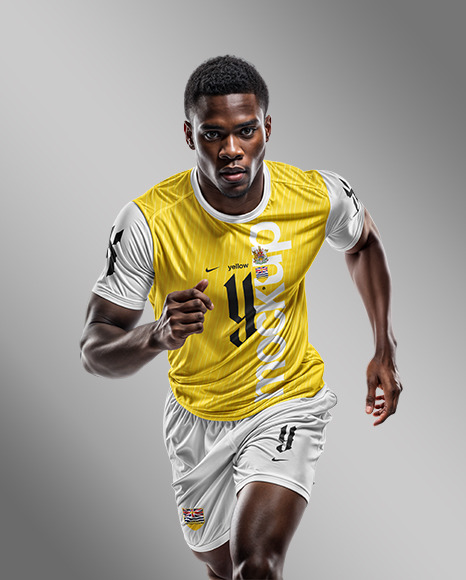 A Black Man Wearing Crew Neck Soccer Jersey and Shorts Mockup