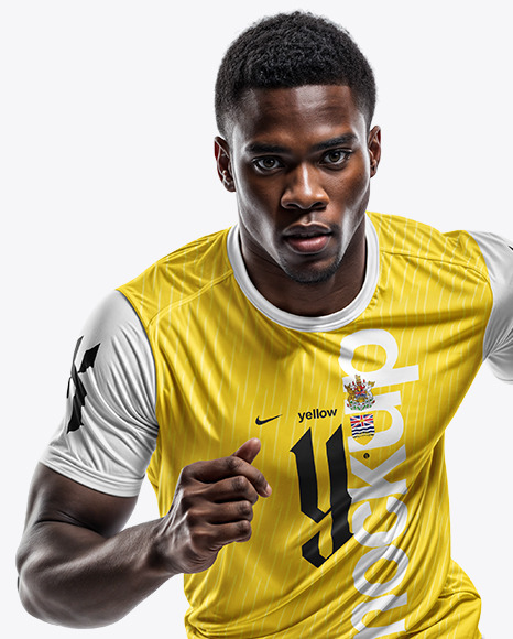 A Black Man Wearing Crew Neck Soccer Jersey and Shorts Mockup