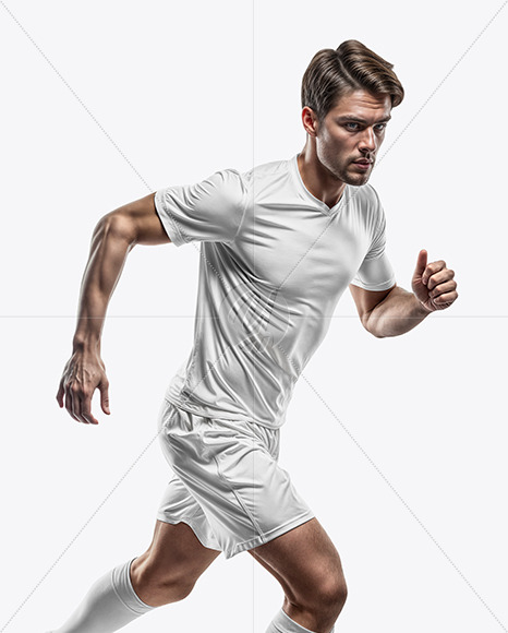 A Running Soccer Player Wearing a V-Neck Jersey and Shorts Mockup