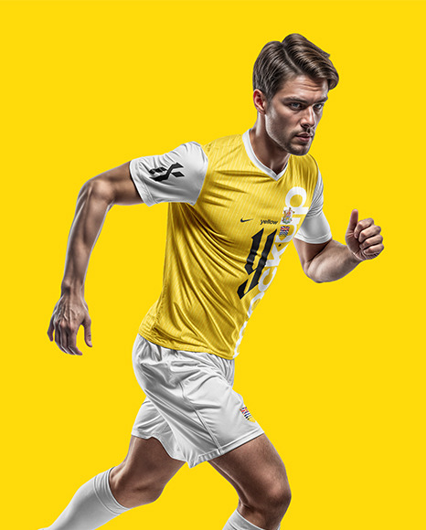 A Running Soccer Player Wearing a V-Neck Jersey and Shorts Mockup