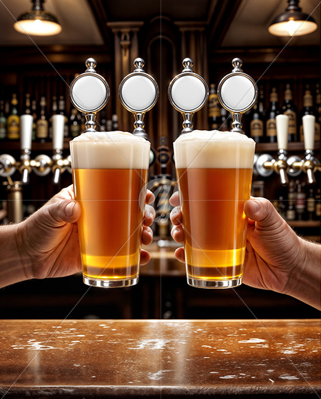 Two Hands Holding Pints of Beer in a Pub Mockup