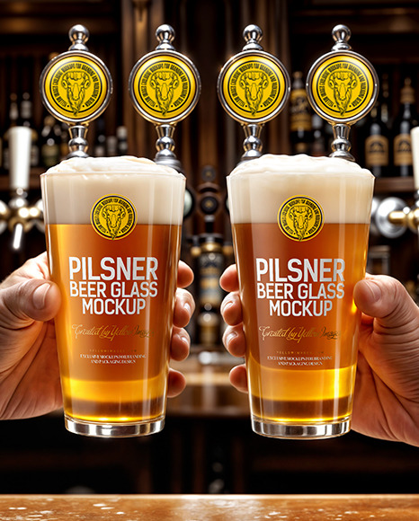 Two Hands Holding Pints of Beer in a Pub Mockup