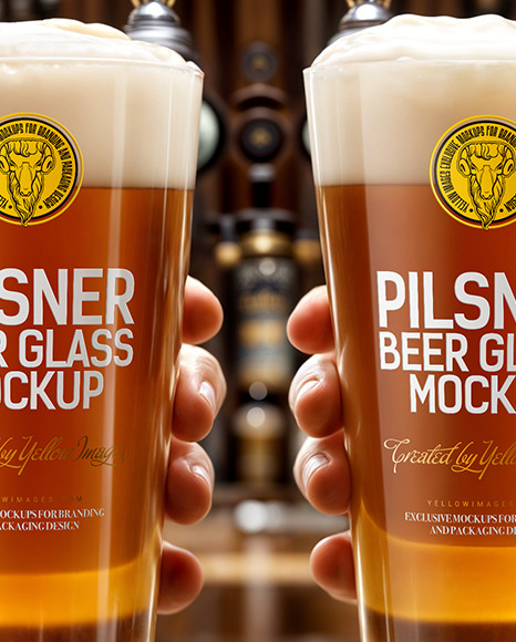 Two Hands Holding Pints of Beer in a Pub Mockup