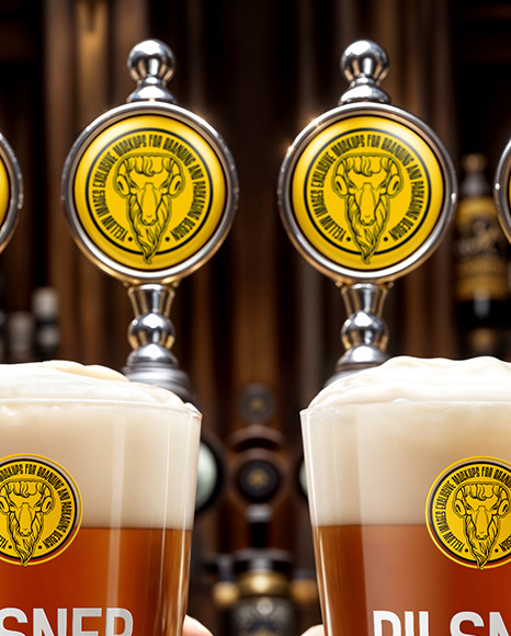 Two Hands Holding Pints of Beer in a Pub Mockup