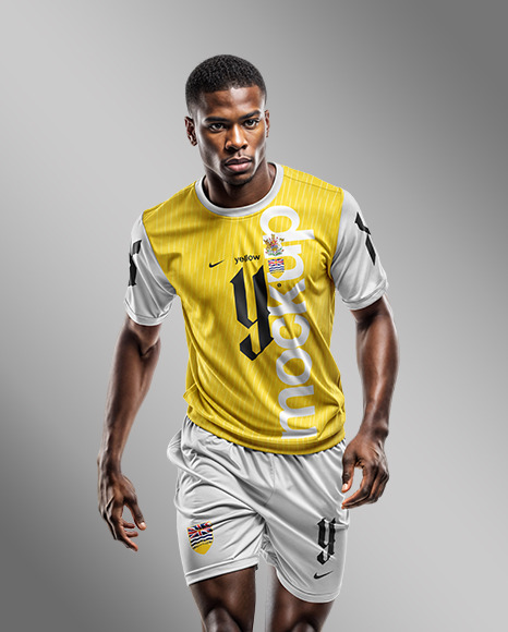 A Soccer Player Wearing a Crew Neck Jersey and Shorts Mockup