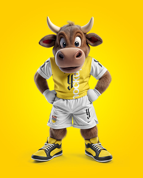 Sports Mascot Bull Wearing a T-Shirt and Shorts Mockup