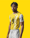 A Man with Braids Wearing a Crew Neck Soccer Jersey and Shorts Mockup