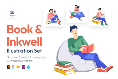 Book and Inkwell Illustration Set - Flat characters