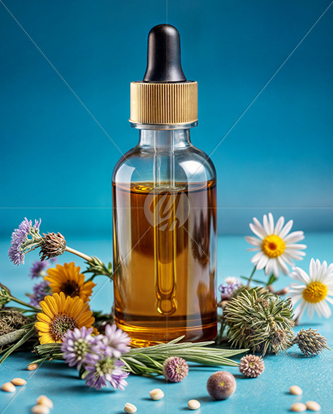 Oil Tincture Dropper Bottle with Herbs and Blue Background Mockup