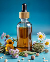 Oil Tincture Dropper Bottle with Herbs and Blue Background Mockup