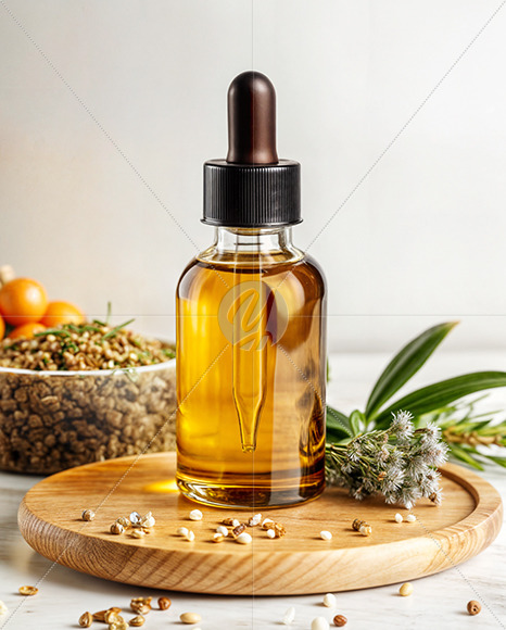 Oil Tincture Dropper Bottle on a Wooden Plate with Herbs Mockup