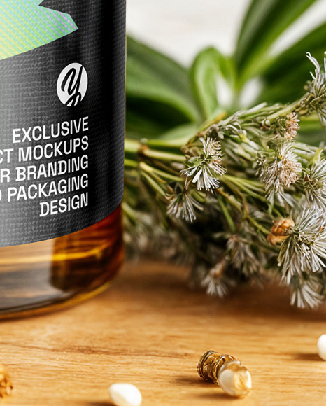 Oil Tincture Dropper Bottle on a Wooden Plate with Herbs Mockup