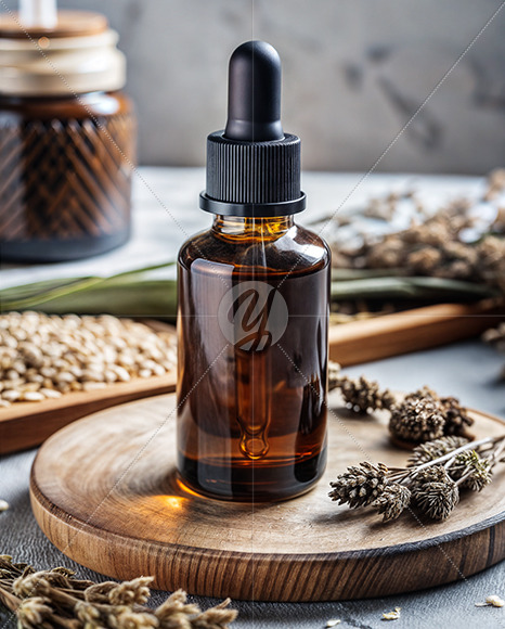 Amber Dropper with Oil Tincture on a Wooden Plate with Dry Herbs Mockup