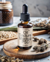 Amber Dropper with Oil Tincture on a Wooden Plate with Dry Herbs Mockup