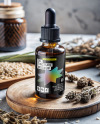 Amber Dropper with Oil Tincture on a Wooden Plate with Dry Herbs Mockup