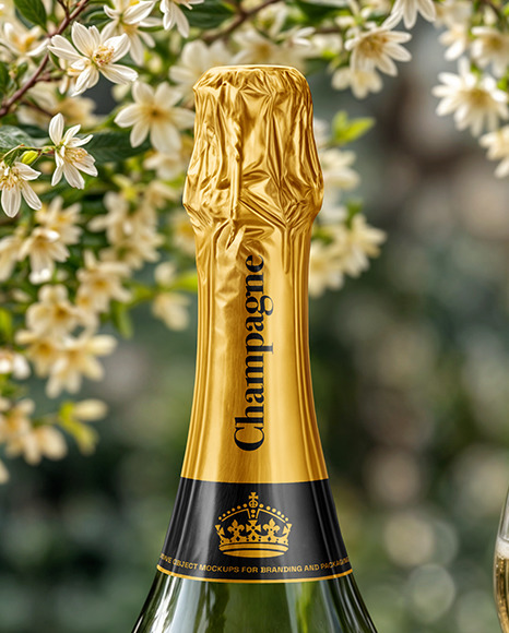 Green Glass Champagne Bottle on a Tablecloth Mockup