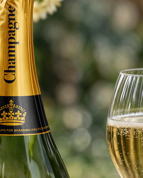 Green Glass Champagne Bottle on a Tablecloth Mockup
