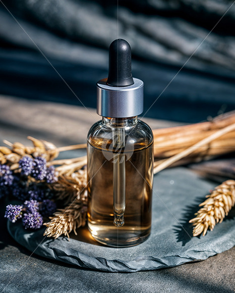 Oil Tincture Dropper Bottle on a Stone Plate with Herbs Mockup