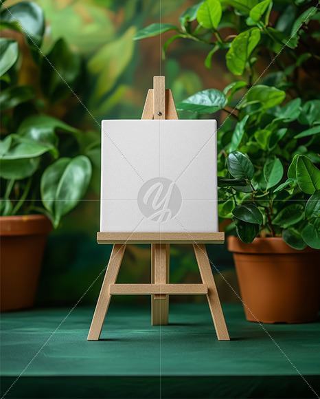 Wooden Easel with Canvas and Green Plants on Background Mockup