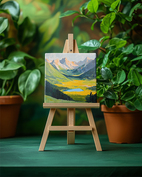 Wooden Easel with Canvas and Green Plants on Background Mockup