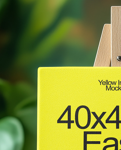 Wooden Easel with Canvas and Green Plants on Background Mockup