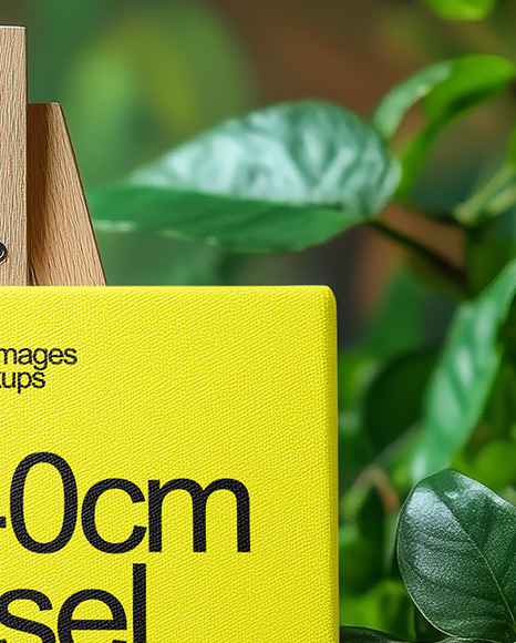 Wooden Easel with Canvas and Green Plants on Background Mockup