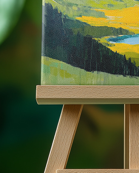 Wooden Easel with Canvas and Green Plants on Background Mockup