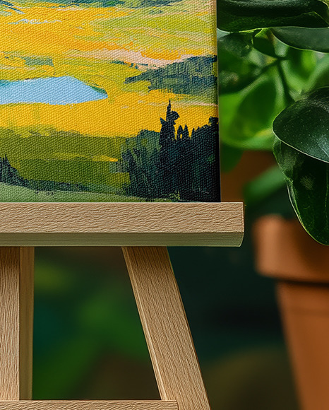 Wooden Easel with Canvas and Green Plants on Background Mockup