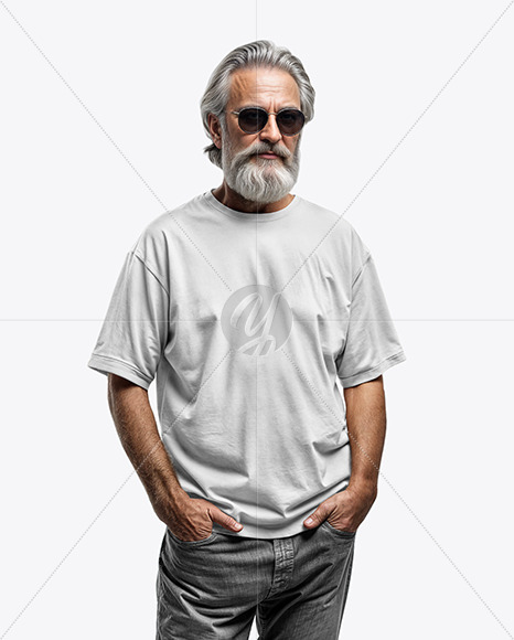 An Elderly Man with Sunglasses Wearing a T-shirt and Jeans Mockup