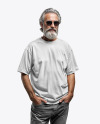 An Elderly Man with Sunglasses Wearing a T-shirt and Jeans Mockup