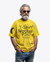 An Elderly Man with Sunglasses Wearing a T-shirt and Jeans Mockup