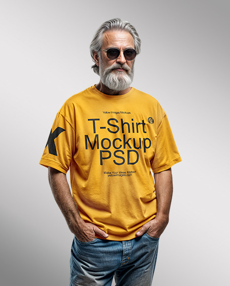 An Elderly Man with Sunglasses Wearing a T-shirt and Jeans Mockup