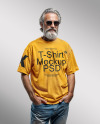 An Elderly Man with Sunglasses Wearing a T-shirt and Jeans Mockup