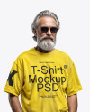 An Elderly Man with Sunglasses Wearing a T-shirt and Jeans Mockup