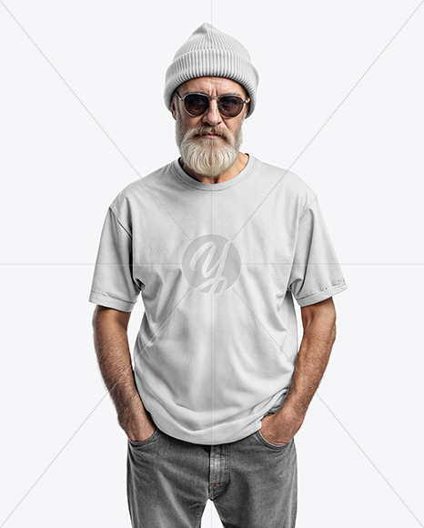 An Elderly Man with Sunglasses Wearing a T-shirt and Beanie Hat Mockup
