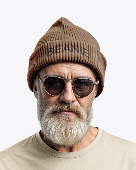 An Elderly Man with Sunglasses Wearing a T-shirt and Beanie Hat Mockup