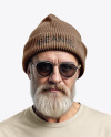 An Elderly Man with Sunglasses Wearing a T-shirt and Beanie Hat Mockup