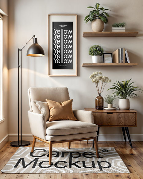 Rectangular Rug in Living Room with Armchair Mockup