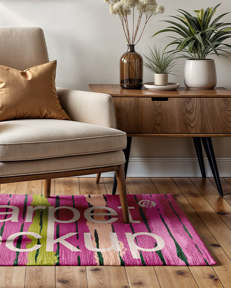 Rectangular Rug in Living Room with Armchair Mockup