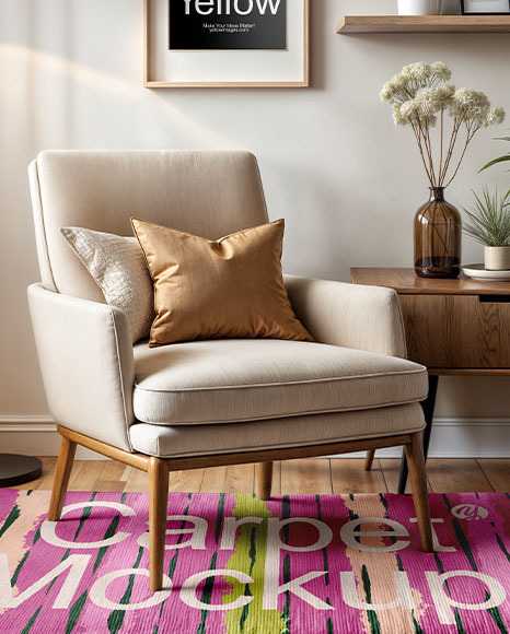 Rectangular Rug in Living Room with Armchair Mockup