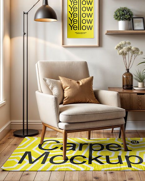 Rectangular Rug in Living Room with Armchair Mockup