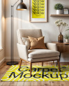 Rectangular Rug in Living Room with Armchair Mockup