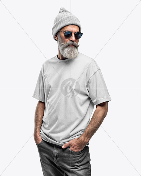 Bearded Elderly Man with Sunglasses Wearing a T-shirt and Beanie Hat Mockup