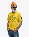 Bearded Elderly Man with Sunglasses Wearing a T-shirt and Beanie Hat Mockup