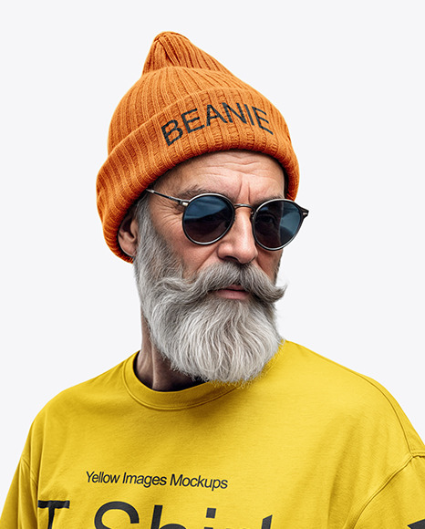 Bearded Elderly Man with Sunglasses Wearing a T-shirt and Beanie Hat Mockup