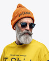 Bearded Elderly Man with Sunglasses Wearing a T-shirt and Beanie Hat Mockup