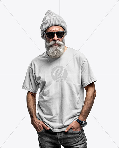 An Old Man with Sunglasses Wearing T-Shirt and Beanie Hat Mockup