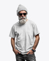 An Old Man with Sunglasses Wearing T-Shirt and Beanie Hat Mockup